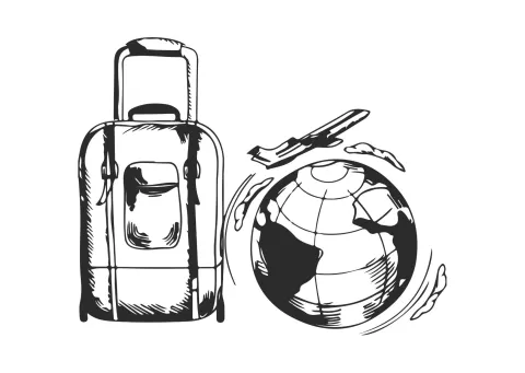 Luggage and plane flying around a globe