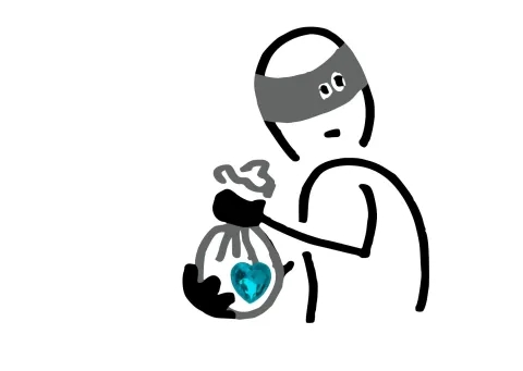 Jewel thief with bag containing teal gem