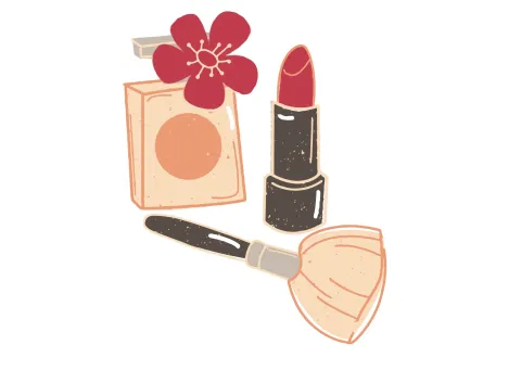 Makeup blush, red lipstick, and brush