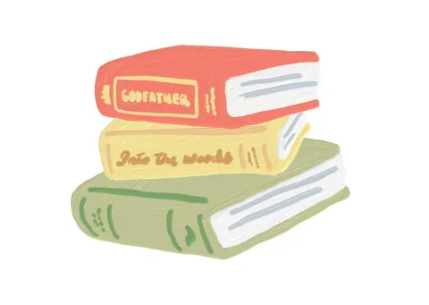 Three drawn books stacked one on top of the other