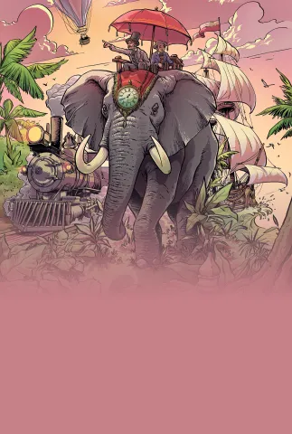 Around the World in 80 minutes escape room box cover. Elephant in jungle.