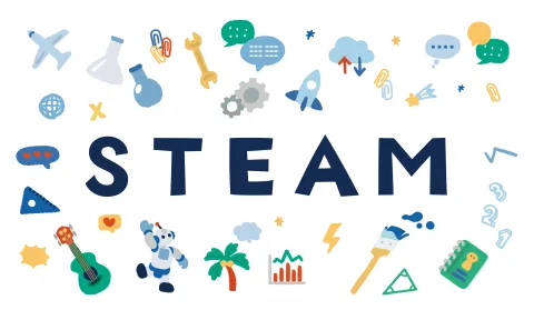 word STEAM surrounded by trinkets