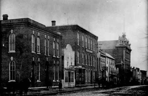 Welland Library's Archive, showing East Main St. from about Cross St. intersection, facing toward the bridge.