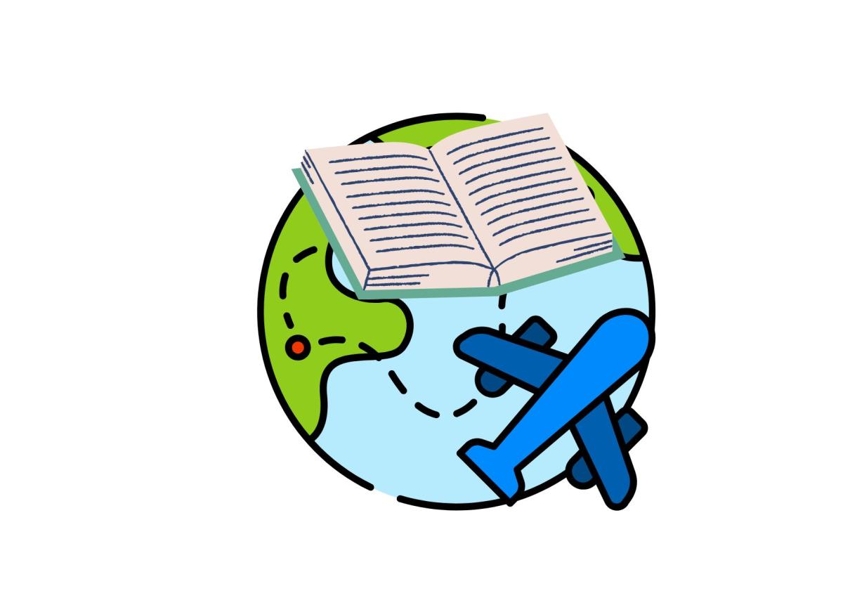 Book on a globe with a plane flying around the globe