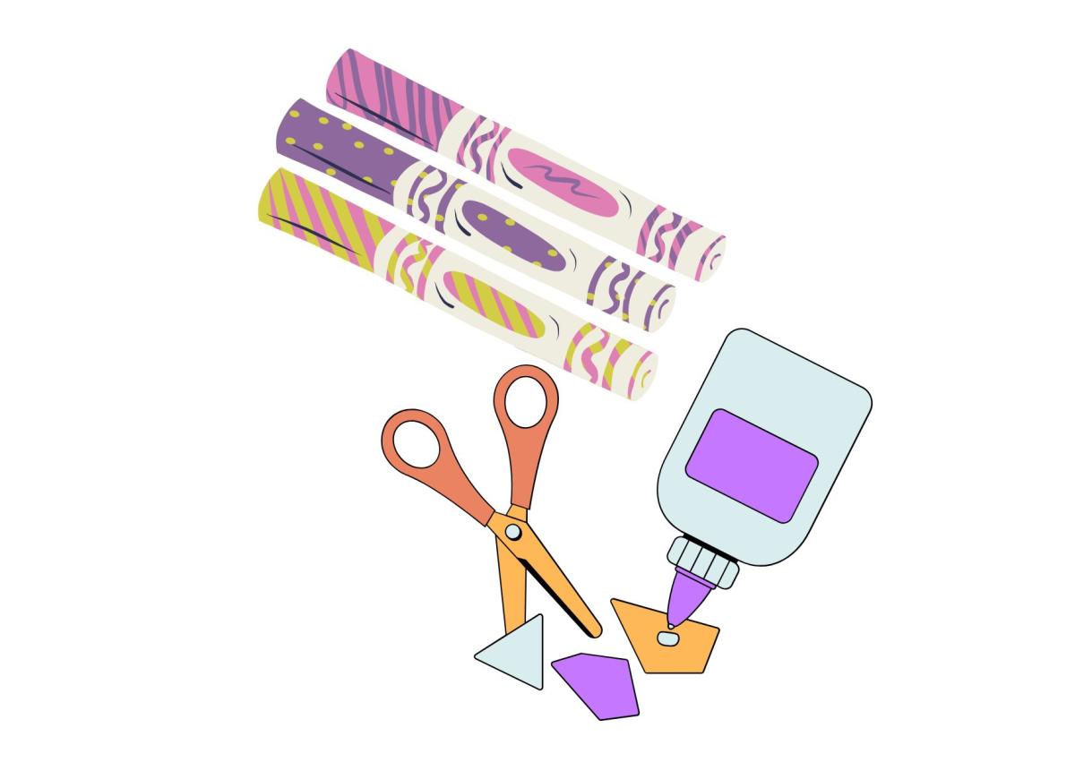 markers, scissors, glue, paper, craft supplies