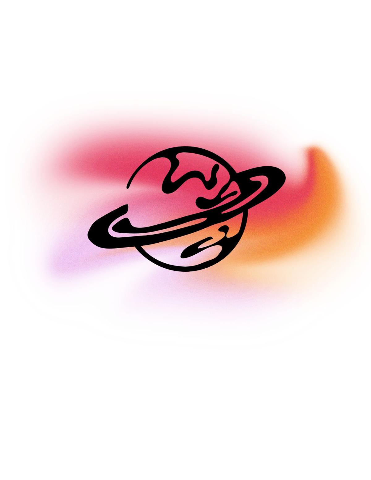 Black Saturn planet stencil over spray paint in red, purple and orange